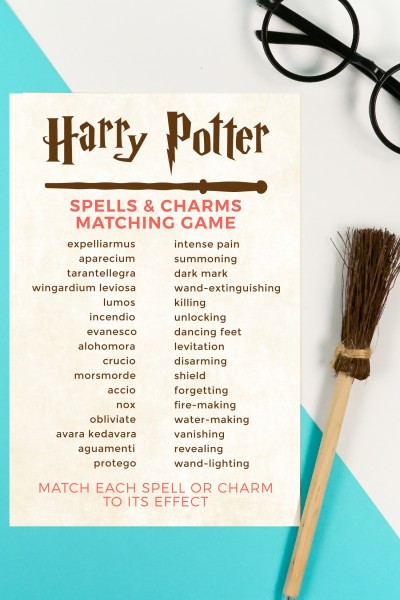 Glasses, pen and a paper with a printed Harry Potter Spells & Charms Matching Game