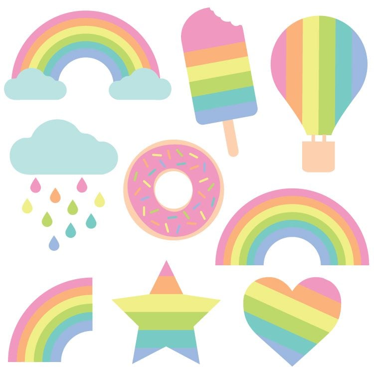 Image of pastel rainbow cut files of rainbows, star, cloud and rain, heart, air balloon, popsicle and a donut