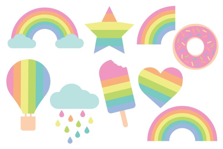 Image of pastel rainbow cut files of rainbows, star, cloud and rain, heart, air balloon, popsicle and a donut