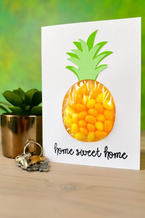 A set of keys and a plant sitting on a table along with a card or sign that has a pineapple image on it with a pouch filled with candy and the saying, "Home Sweet Home"