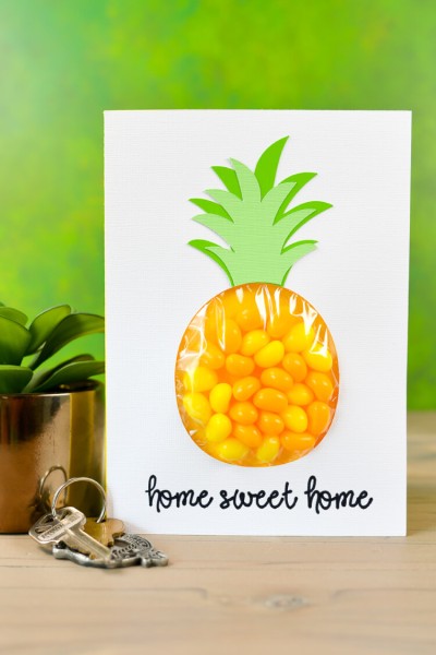 A set of keys and a plant sitting on a table along with a card or sign that has a pineapple image on it with a pouch filled with candy and the saying, "Home Sweet Home"