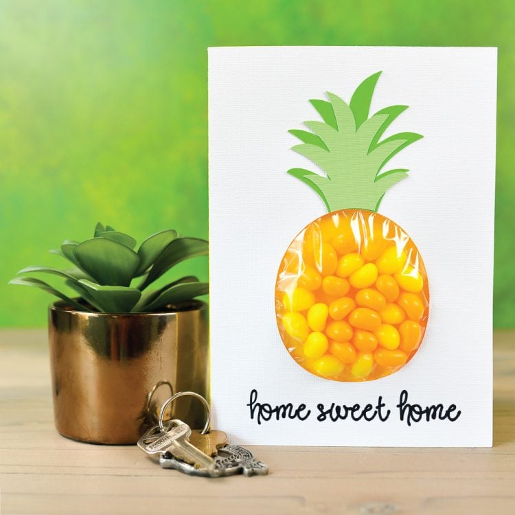 A set of keys, a plant and a card with a pineapple image on ti and the text, \"Home Sweet Home\"