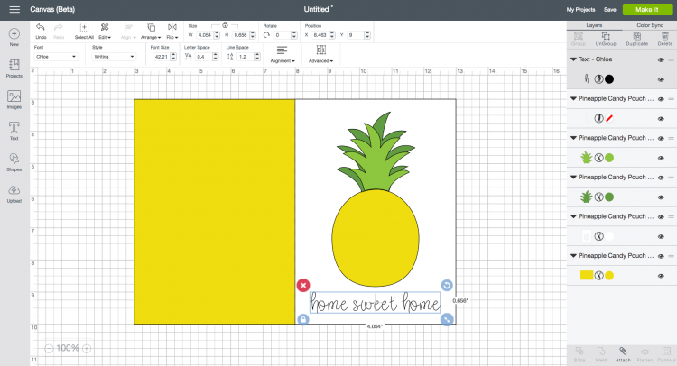 An image in Cricut Desing Space of a card design with a pineapple on it and the text, \"Home Sweet Home\"