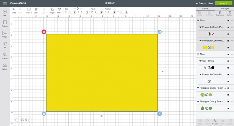 An image in Cricut Desing Space of a yellow rectangle