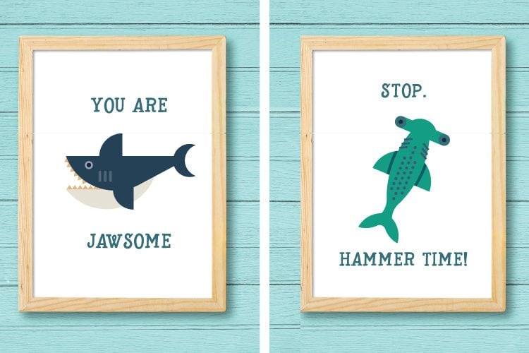 A wooden framed picture of a hammerhead shark and the saying, \"Stop\" \"Hammer Time!\" and another picture of a shark with the saying, \"You Are Jawsome\"
