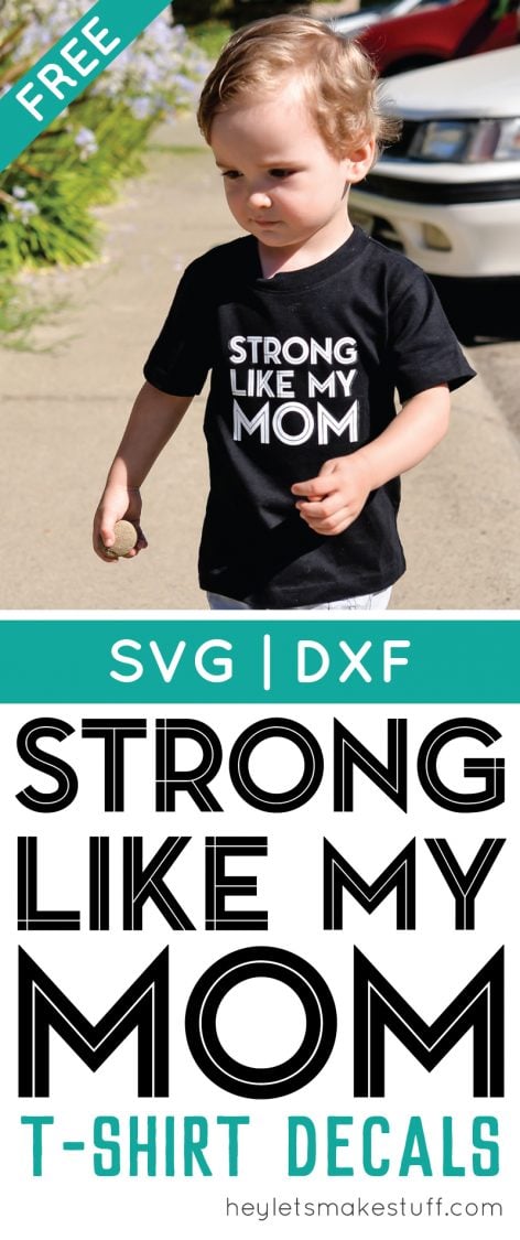 A little boy walking outside, wearing blue jean shorts and a black t-shirt that says, \"Strong Like My Mom\" with advertising by HEYLETSMAKESTUFF.COM for Stong Like My Mom t-shirt decals