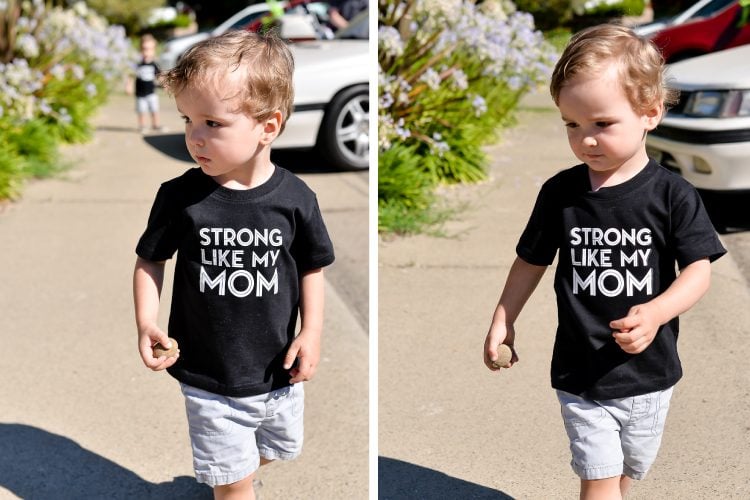 Two pictures of a little boy walking outside, wearing blue jean shorts and a black t-shirt that says, \"Strong Like My Mom\"
