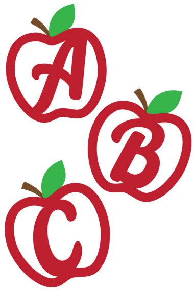 Images of cut out red apples with a green leaf on each and one with an "A" on it, one with a "B" on it and one with a "C" on it