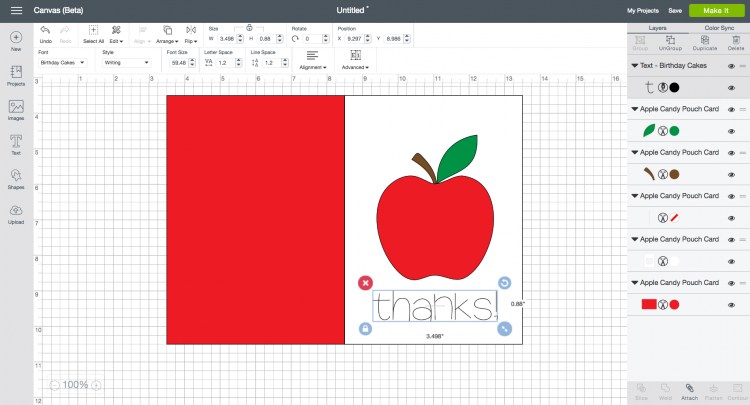 Screenshot of an apple card design in Cricut Design Space