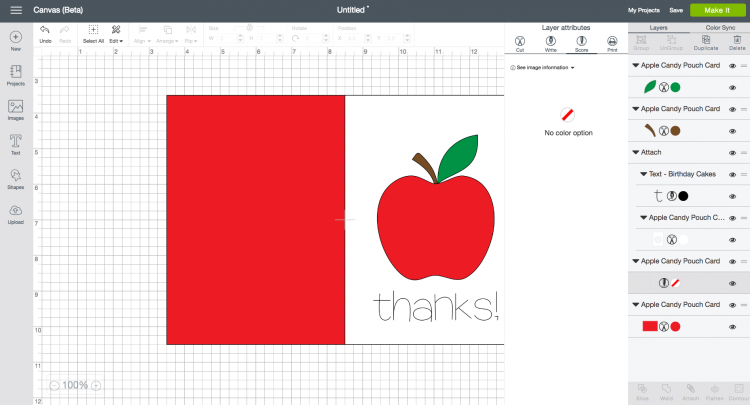 Screenshot of an apple card design in Cricut Design Space