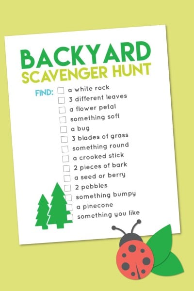 Printable Back Yard Scavenger Hunt list with checkboxes to check off as each item on the list is found