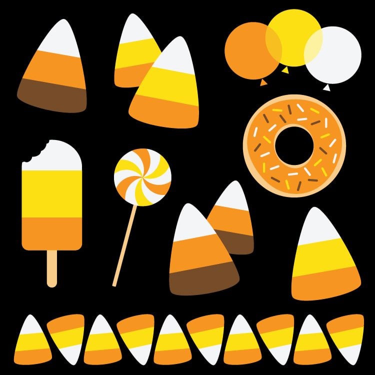 Images of clip art of candy corn candy, balloons, donut, sucker and popsicle