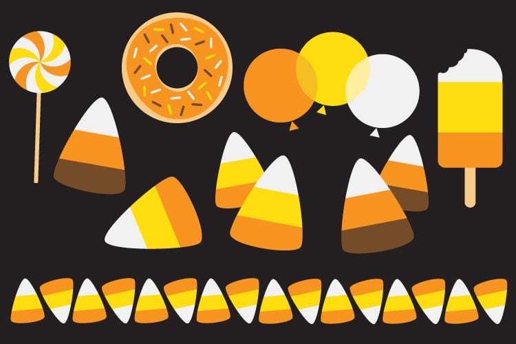 Images of clip art of candy corn candy, balloons, donut, sucker and popsicle