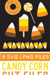 Images of clip art of candy corn candy, balloons, donut, sucker and popsicle with advertising for candy corn cut files and clip art from HEYLETSMAKESTUFF.COM