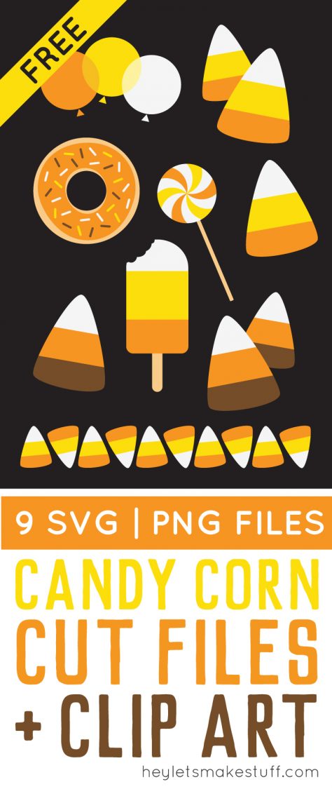 Images of clip art of candy corn candy, balloons, donut, sucker and popsicle with advertising for candy corn cut files and clip art from HEYLETSMAKESTUFF.COM