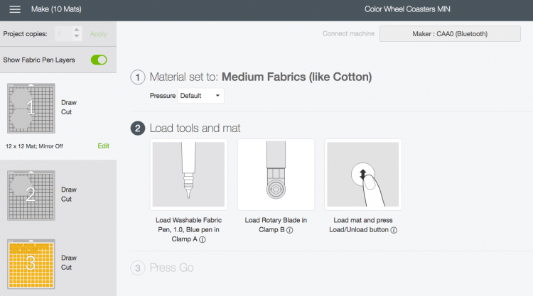 Screenshot in Cricut Design Space with settings for material and tools