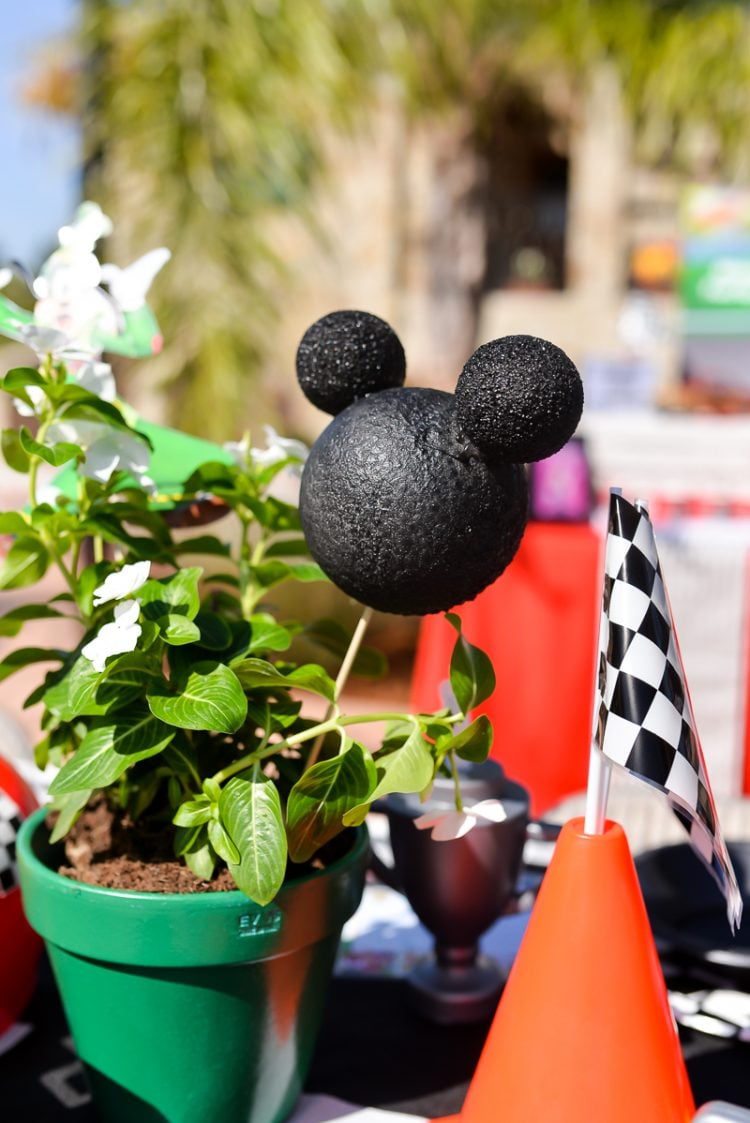 A Mickey Mouse head on a stick stuck into a plant