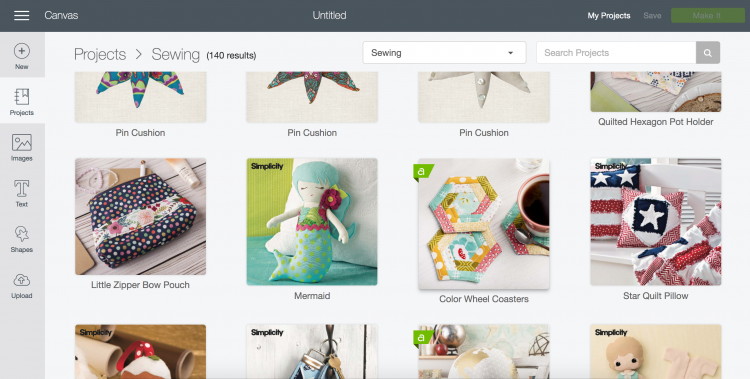 screenshot of Cricut Design Space sewing projects