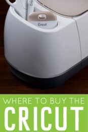 A Cricut machine holding some Cricut tools with advertising from HEYLETSMAKESTUFF.COM on where to buy the Cricut Maker