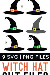Images of witch's hats and advertising by HEYLETSMAKESTUFF.COM for nine free witch hat cut files and clip art