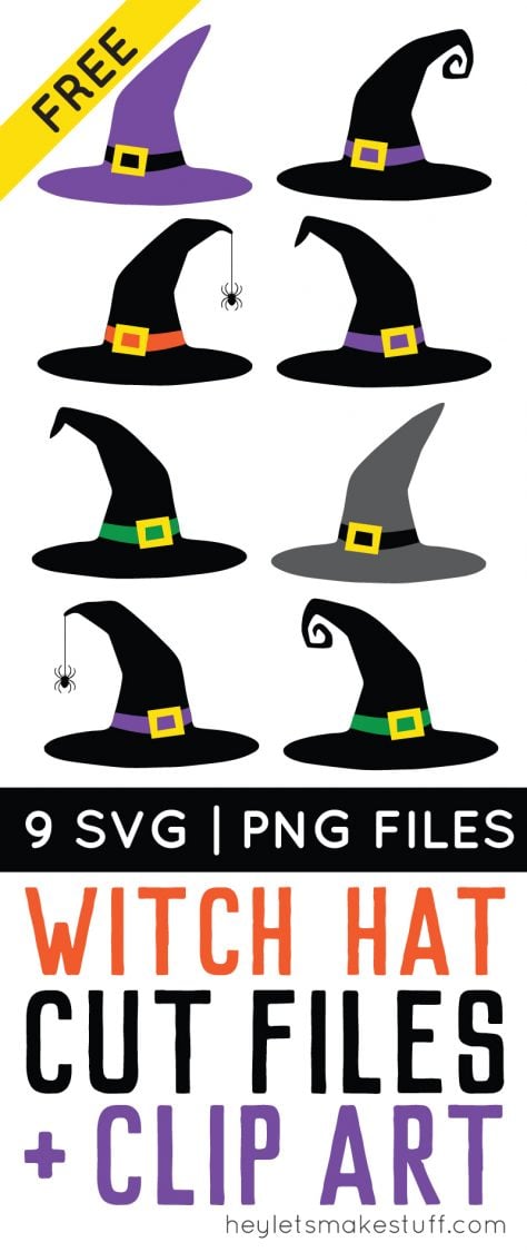 Images of witch\'s hats and advertising by HEYLETSMAKESTUFF.COM for nine free witch hat cut files and clip art