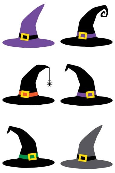 Grab your broom and download these spooky witch hat cut files and PNG clip art! Nine designs for all of your Halloween projects.