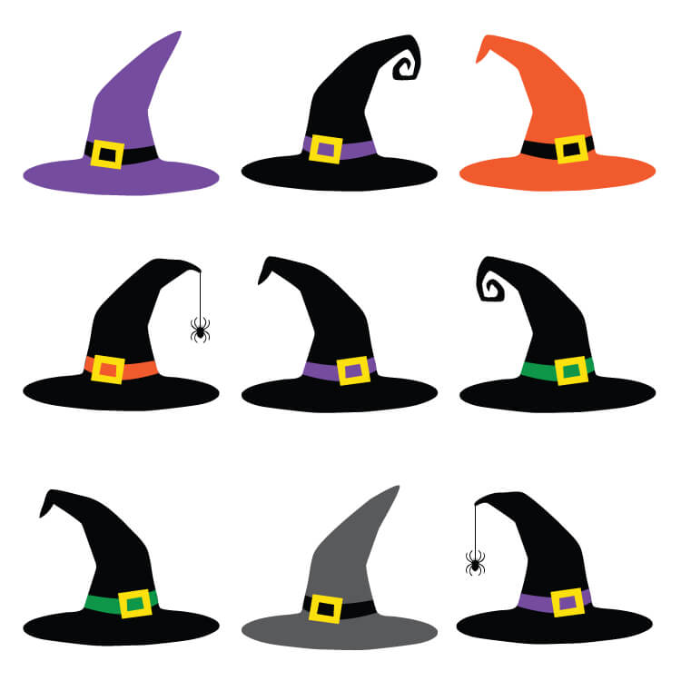Grab your broom and download these spooky witch hat cut files and PNG clip art! Nine designs for all of your Halloween projects.