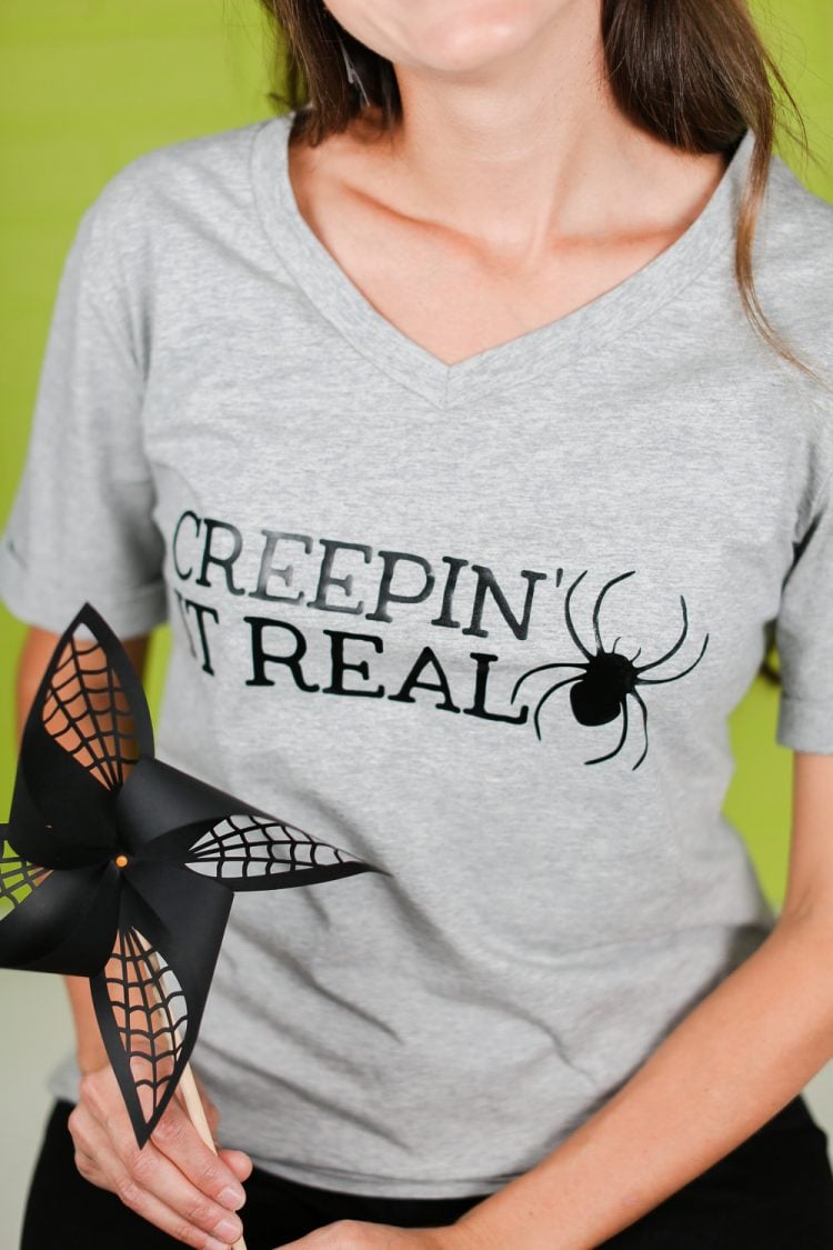 Make your own DIY Creepin' It Real Halloween T-Shirt with this free SVG cut file, using iron-on vinyl and your Cricut or other cutting machine.