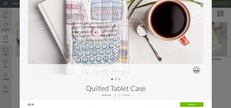 An image of a project in Cricut Design Space named, \"Quilted Tablet Case\"