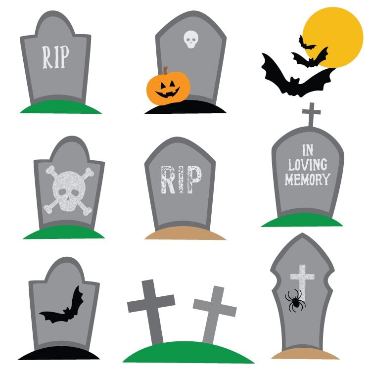 Rest in peace! Download these haunted graveyard clip art files! Nine PNG designs for all of your spooky Halloween projects.