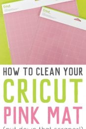 Two pink Cricut FabricGrip cutting mats with advertising on how to clean your Cricut pink mat by HEYLETSMAKESTUFF.COM
