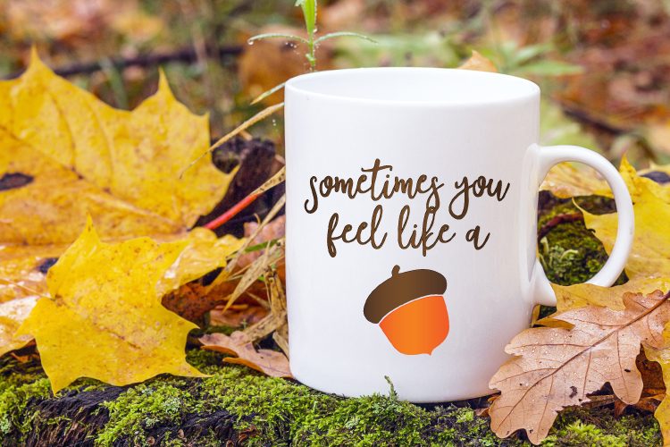 A cup of coffee sitting on fall foliage and is decorated with an acorn with text above the acorn that says, \"Sometimes You Feel Like a.....\"