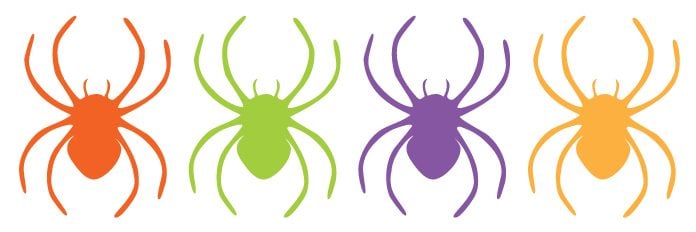 Red, green, purple and orange images of spiders