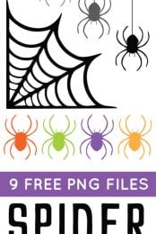 Images of spiders and a spiderweb with advertising for 9 free PNG files of spider clip art from HEYLETSMAKESTUFF.COM