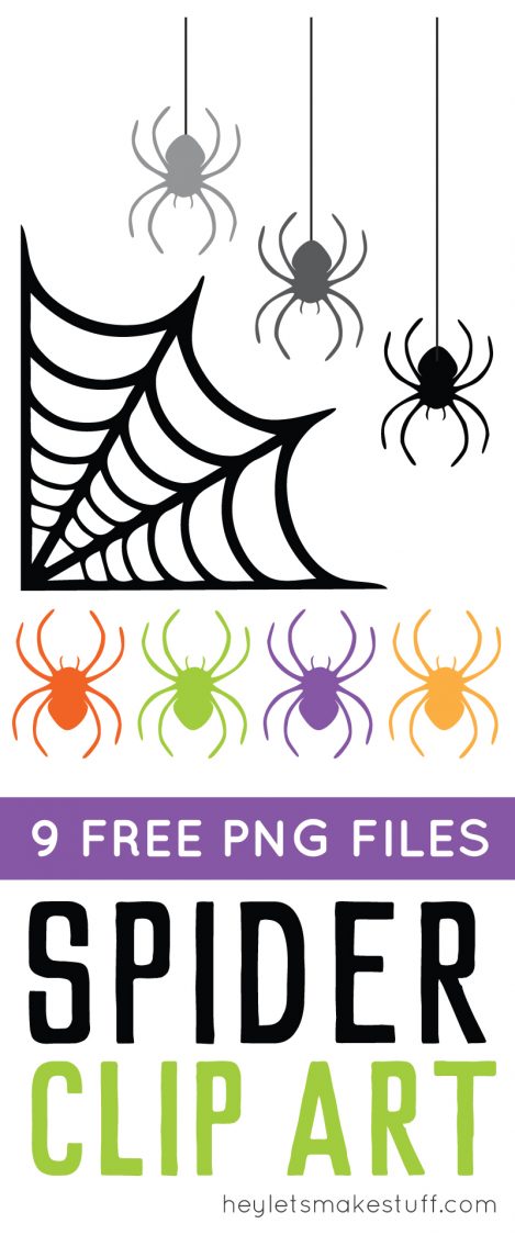 Images of spiders and a spiderweb with advertising for 9 free PNG files of spider clip art from HEYLETSMAKESTUFF.COM