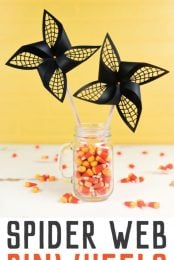 Get the SVG cut files for these Halloween spider web pinwheels! Delicate web cut-outs make these spooky pinwheels a hit at any Halloween party.
