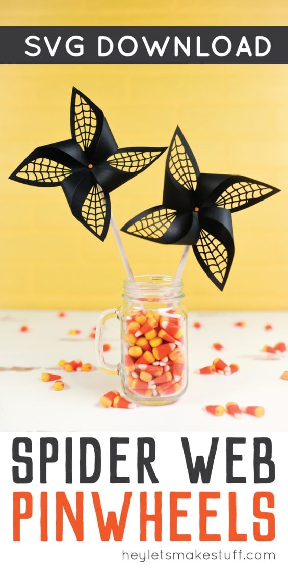 Get the SVG cut files for these Halloween spider web pinwheels! Delicate web cut-outs make these spooky pinwheels a hit at any Halloween party.