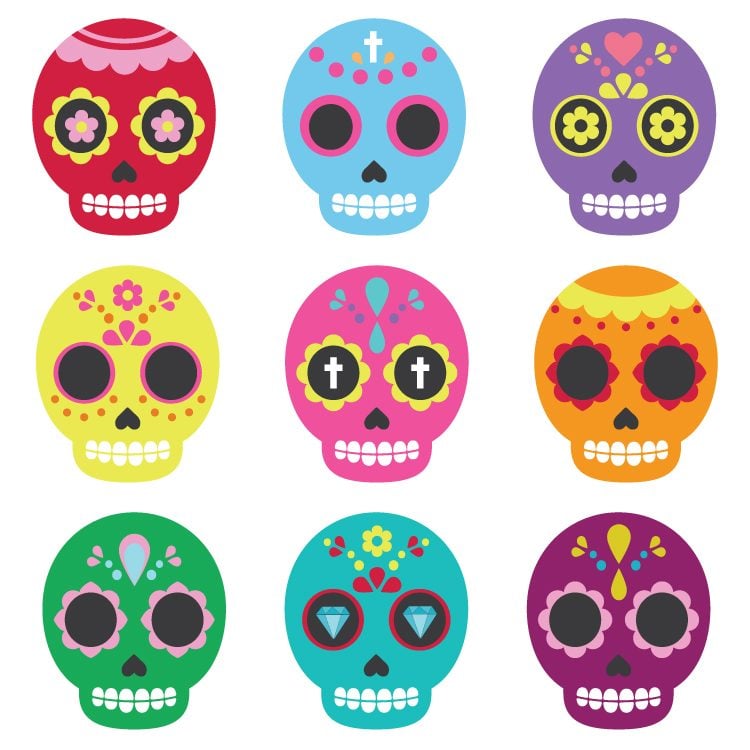 Celebrate Dia De Los Muertos with these these brightly colored sugar skull clip art files! Nine PNG designs for all of your Day of the Dead projects.