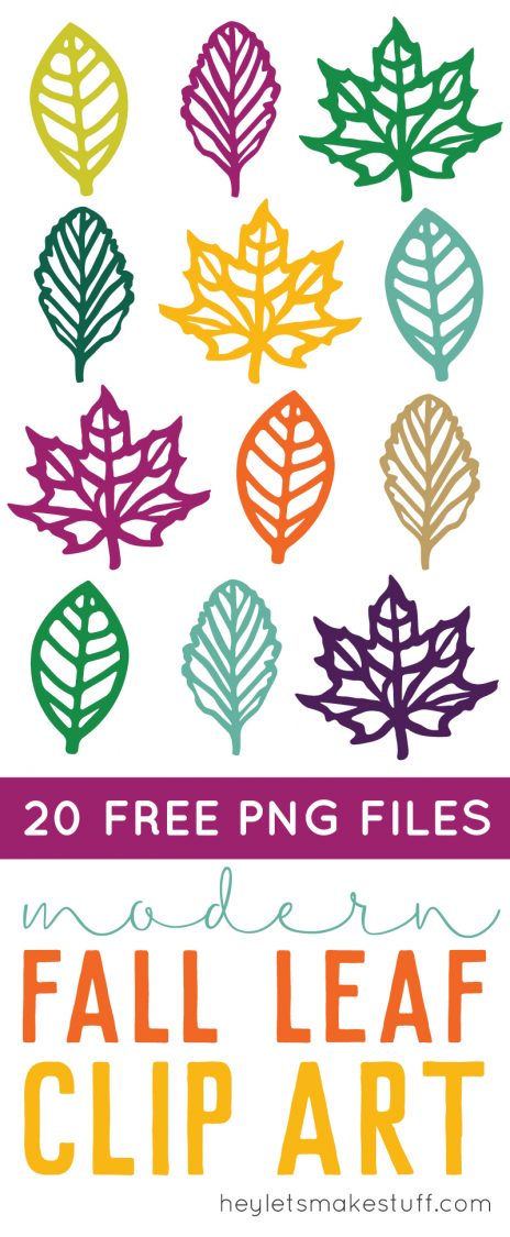 Images of different shaped leaves with advertising for 20 free PNG files for modern fall leaf clip art from HEYLETSMAKESTUFF.COM