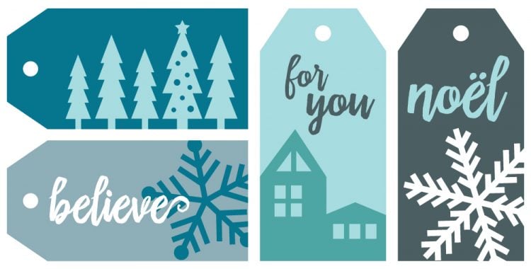 Close up of winter themed gift tags