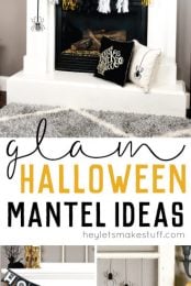 Halloween black, white and gold decor adorning a white fireplace that includes, gold and black pumpkins, white candles in black candelabras and a banner that says, "Hocus Pocus" with advertising for glam Halloween Mantel ideas from HEYLETSMAKESTUFF.COM