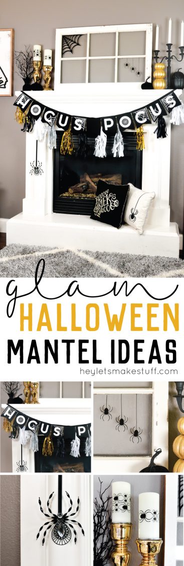 Halloween black, white and gold decor adorning a white fireplace that includes, gold and black pumpkins, white candles in black candelabras and a banner that says, \"Hocus Pocus\" with advertising for glam Halloween Mantel ideas from HEYLETSMAKESTUFF.COM