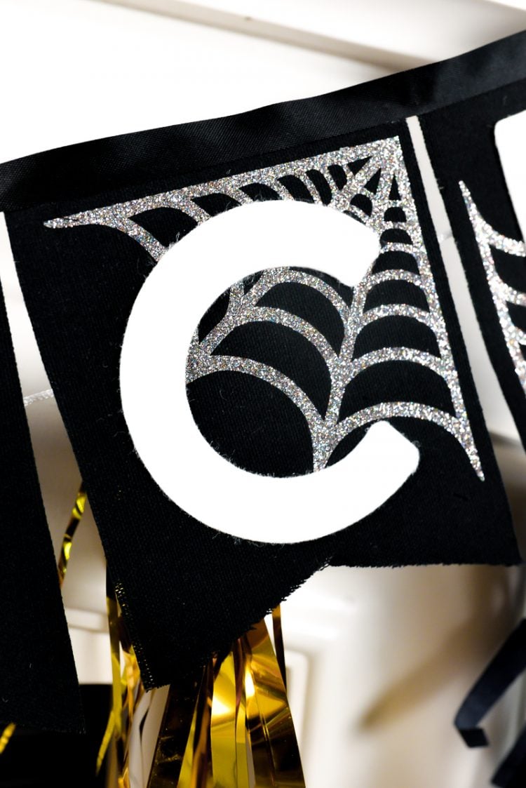 Close up of a banner with the letter C on it and a spider web