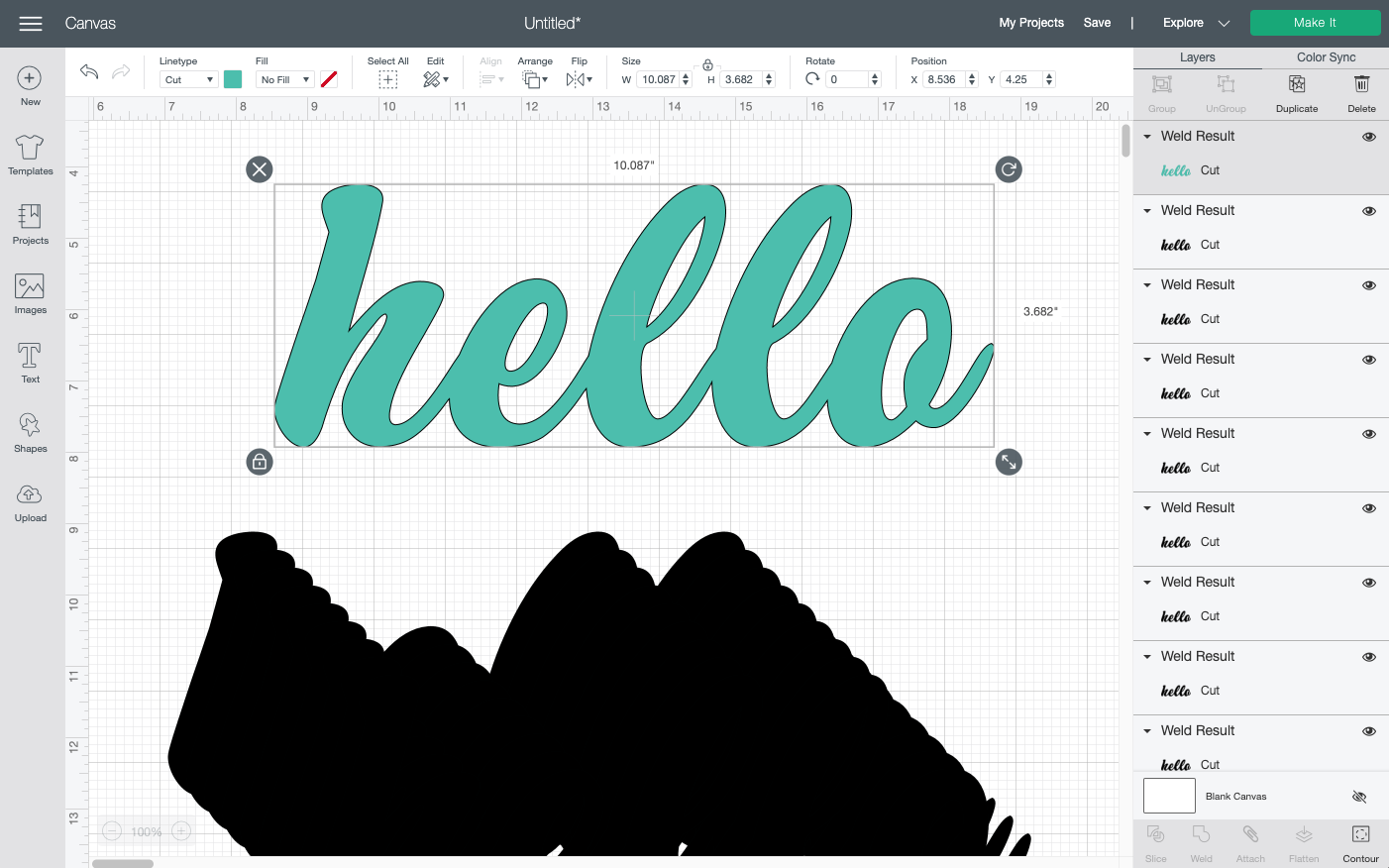 Cricut Design Space: Move your single colored word away from all the copies.