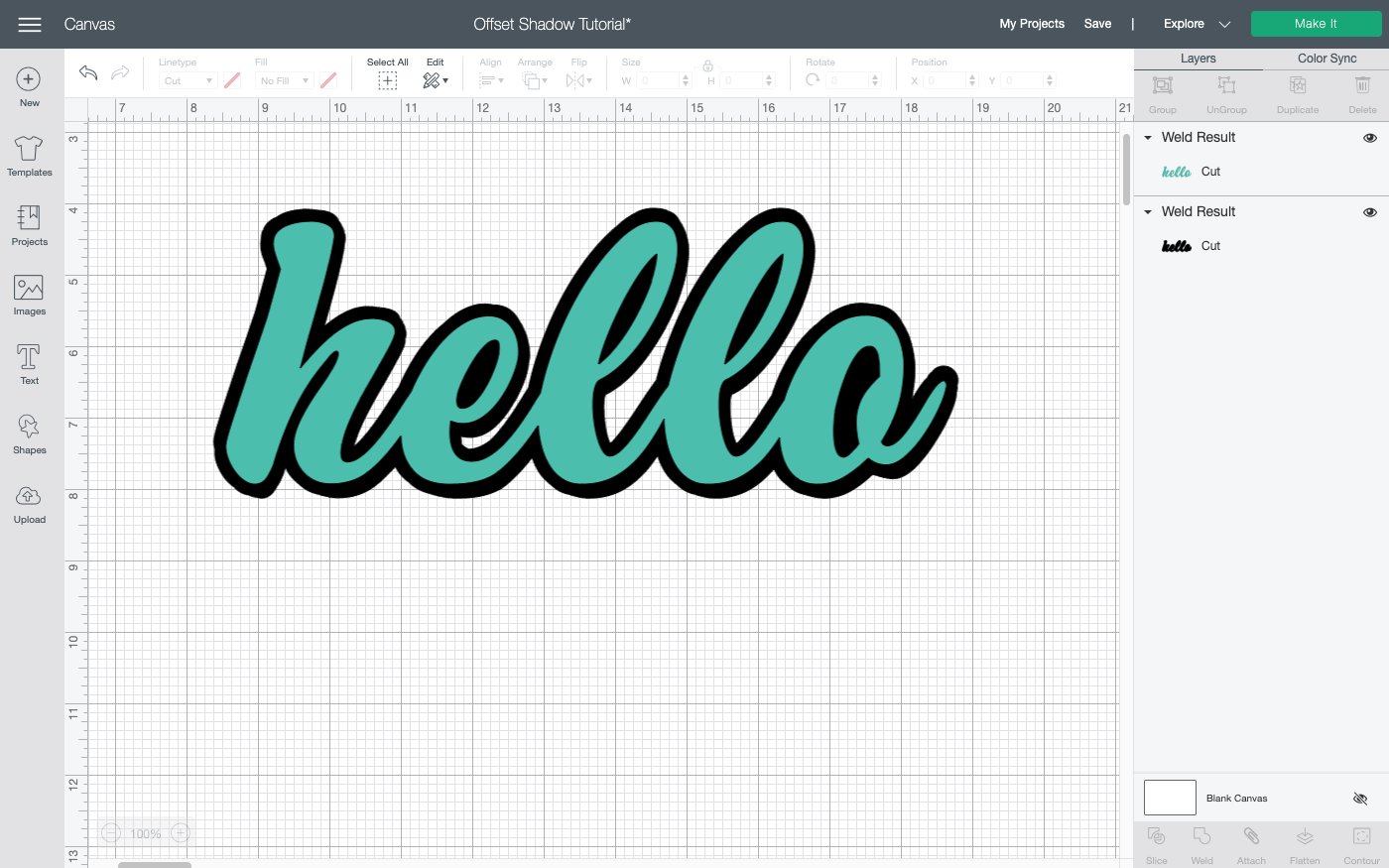 Cricut Design Space: Final project, HELLO with outline behind it