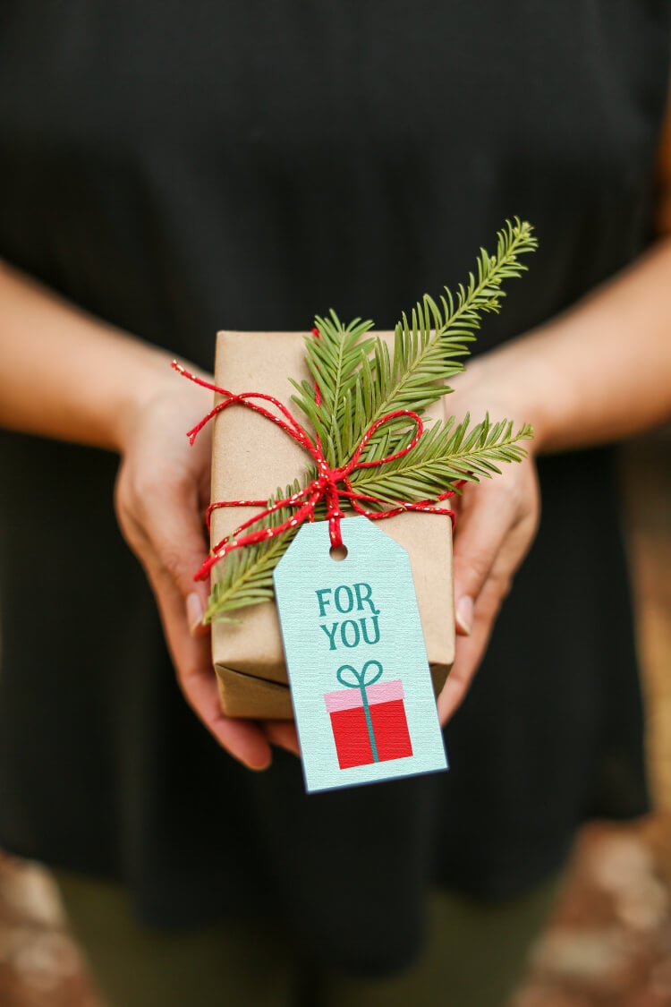 A person holding a package wrapped in brown wrapping paper and tied with a piece of red twine with a piece of greenery and a gift tag attached that says, \"For You\"