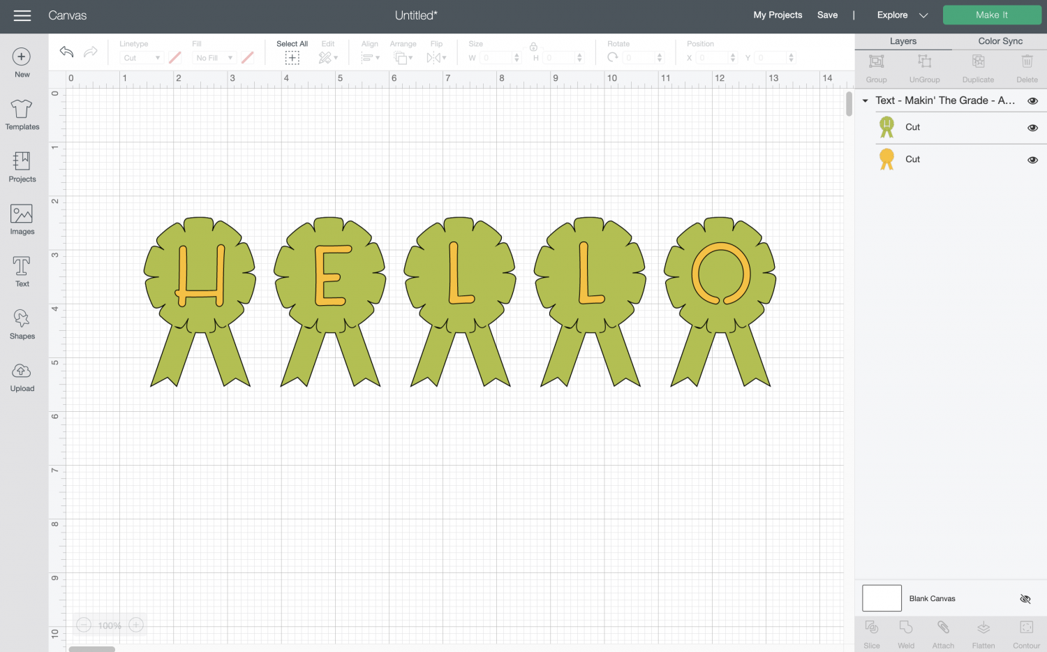 Cricut Design Space: the word HELLO spelled out with "award ribbon" shaped font.