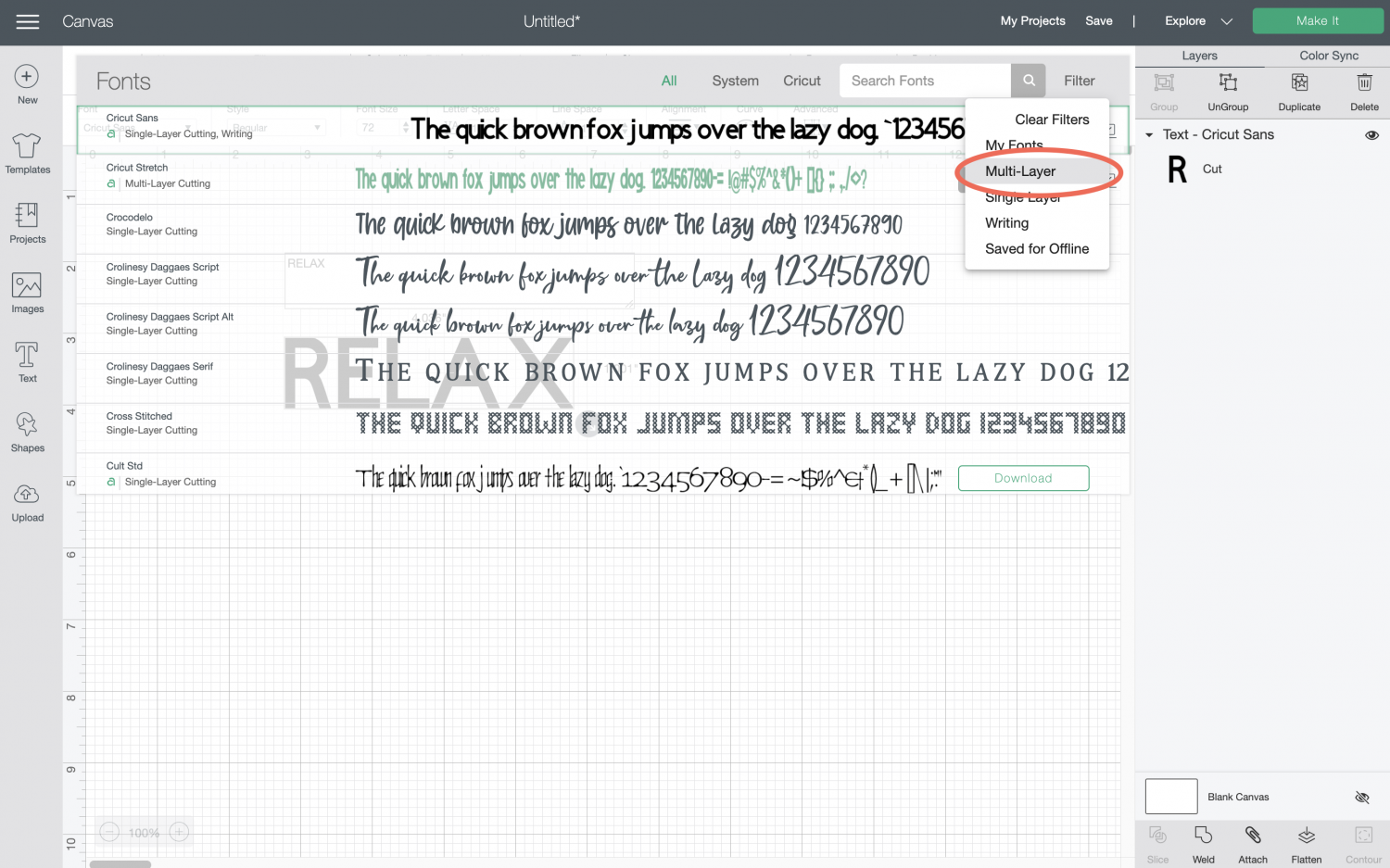Cricut Design Space: Font dropdown menu showing multi-layer fonts selected