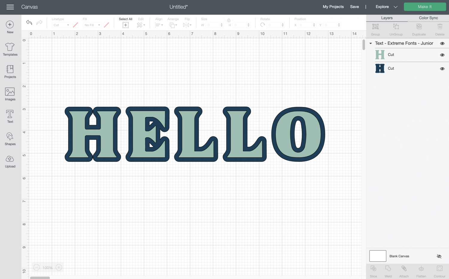 Cricut Design Space: the word HELLO in layered font