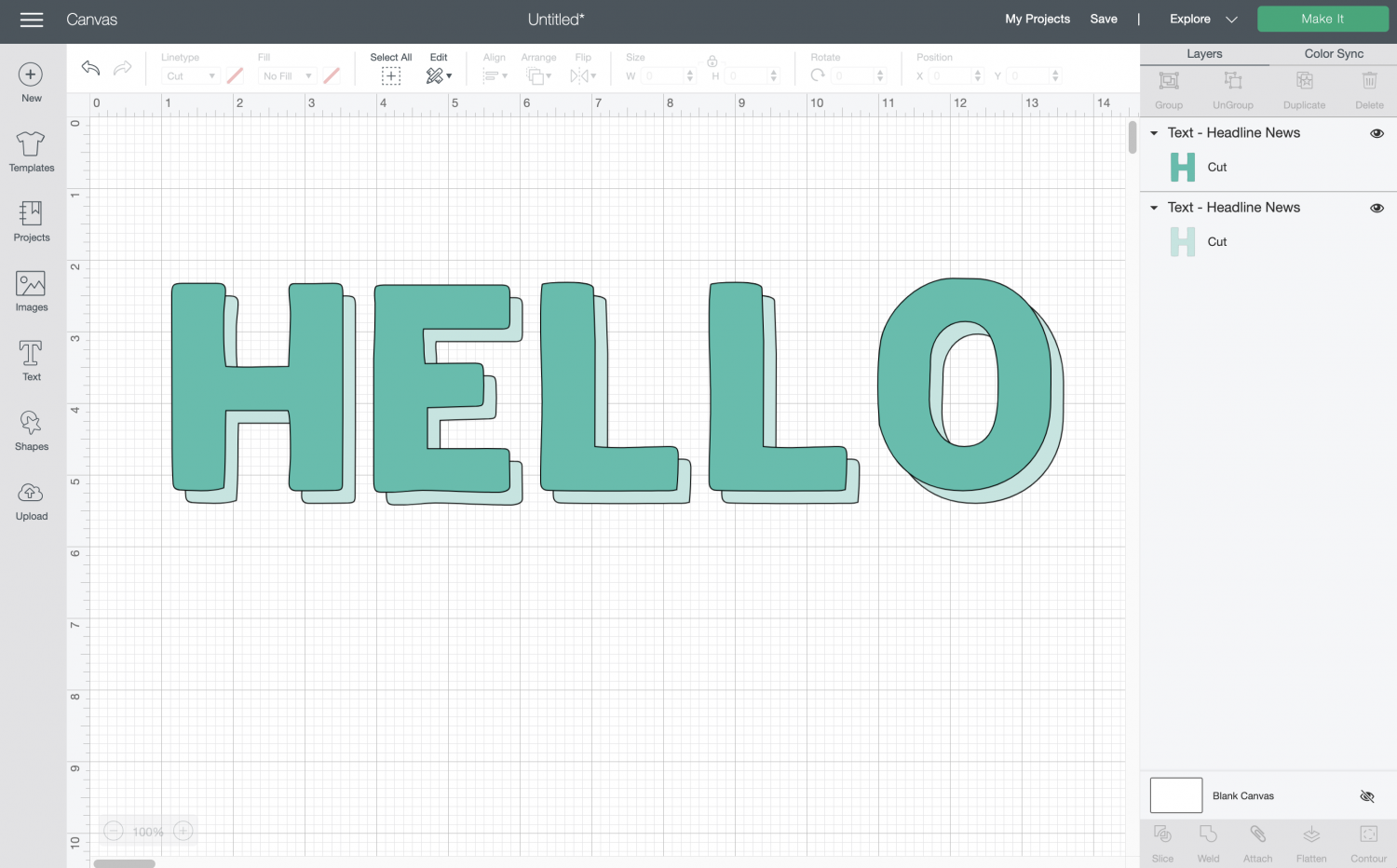 Cricut Design Space: HELLO layered to create a shadow